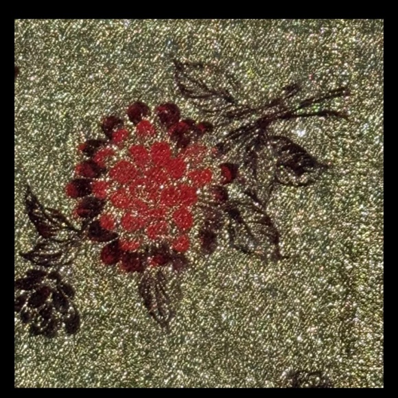 Vintage Gold Shimmery Scarf Red & Brown Floral Print Shimmery Gold Black Fringe - Picture 3 of 11